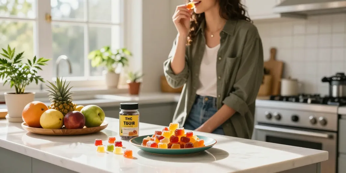 Enjoy THC gummies and view the rankings of top cannabis edibles in a stylish kitchen setting.