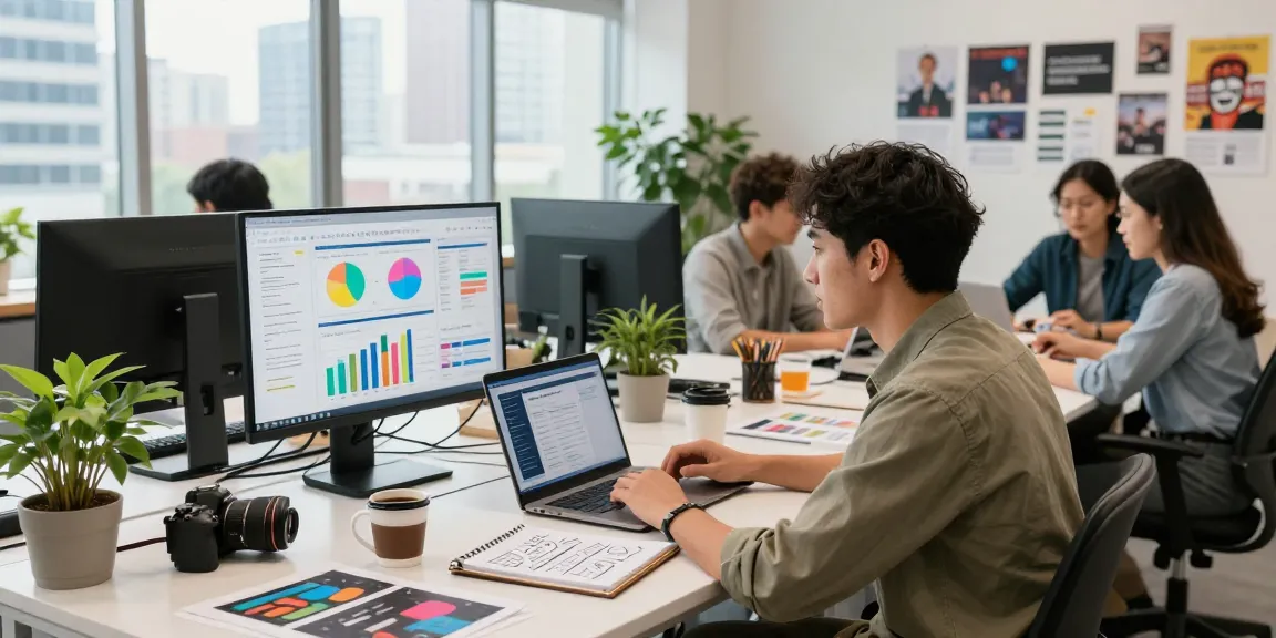 Digital marketing professional analyzing metrics click here for insights in a modern workspace.