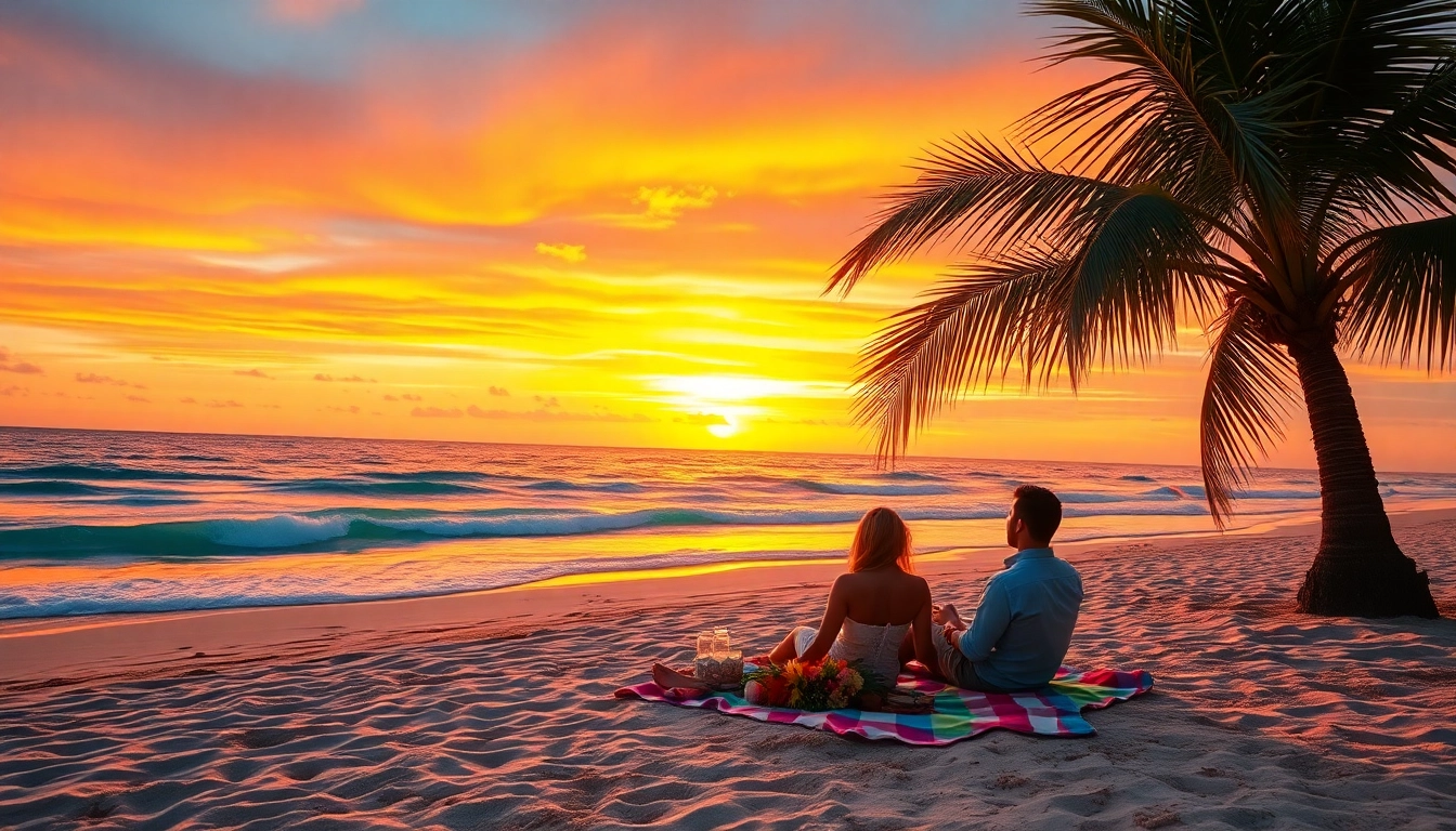 Couple enjoying a picnic on Pensacola FL beach during a vibrant sunset.
