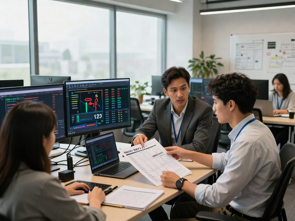 Data analysis for 먹튀스팟 검증사이트 in a modern office with specialists collaborating.