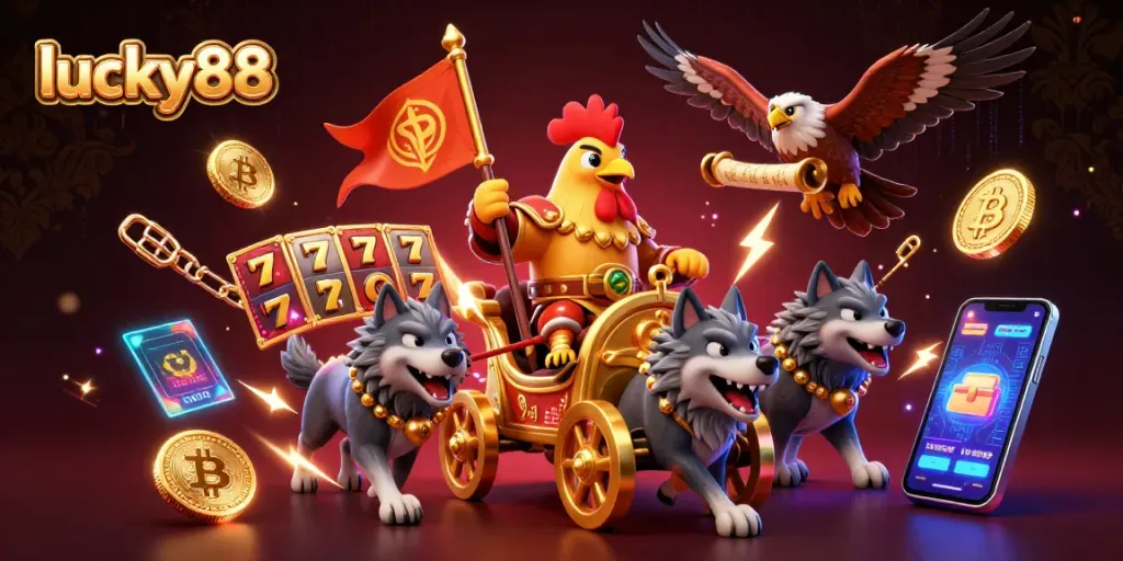 Engage with lucky88 in this vibrant 3D scene featuring a rooster warlord in a casino adventure.
