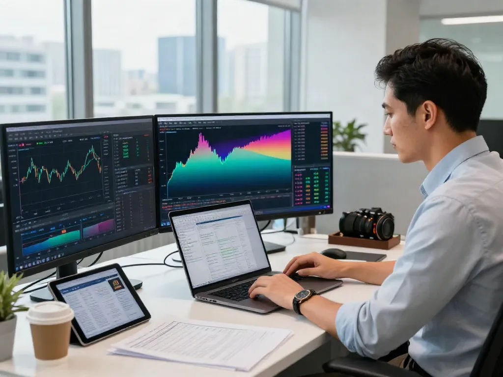 Trader using MetaTrader 5 to analyze financial markets in a modern office.