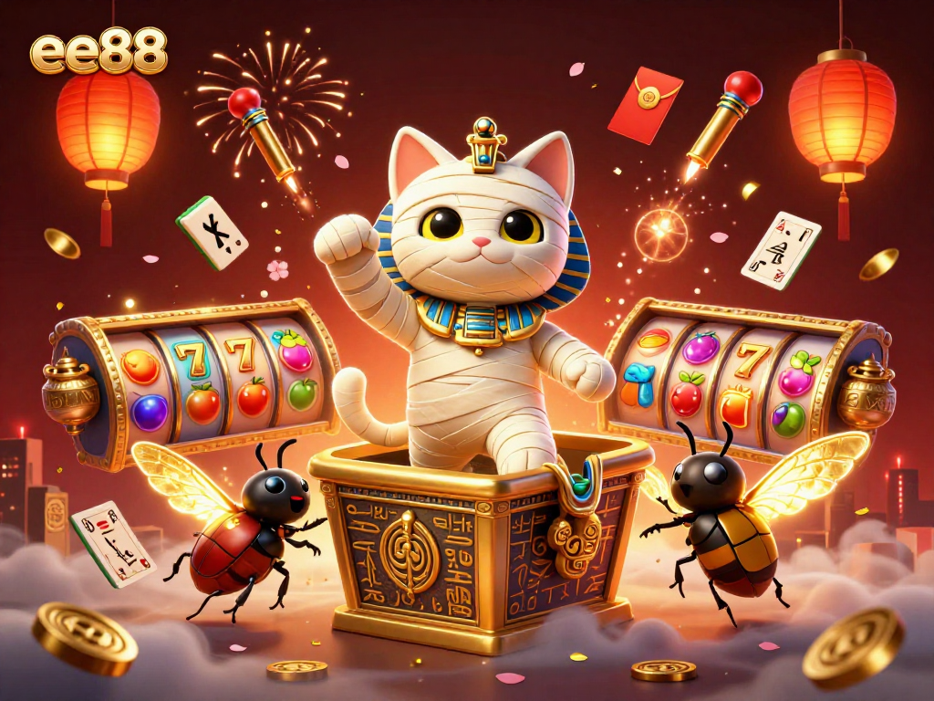 Win big at ee88 with an engaging scene featuring a mummy cat, scarab, and floating slot reels.
