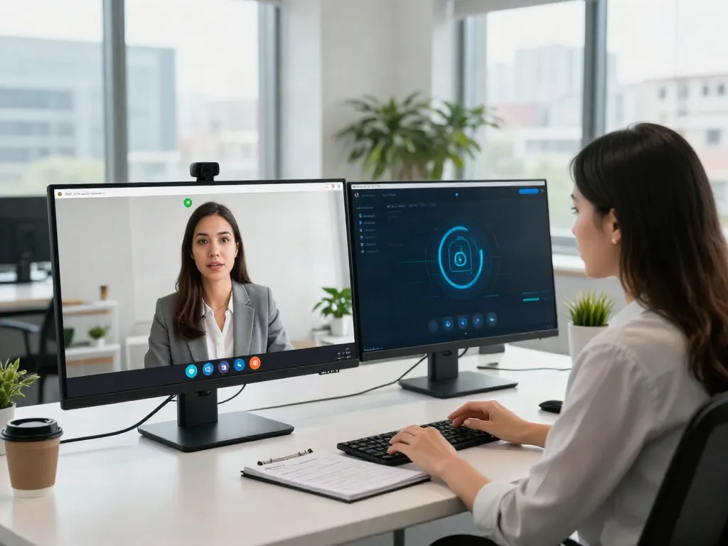 Secure Deepfake protected Online Video Calls, Meetings and Conferencing setup in a professional office.