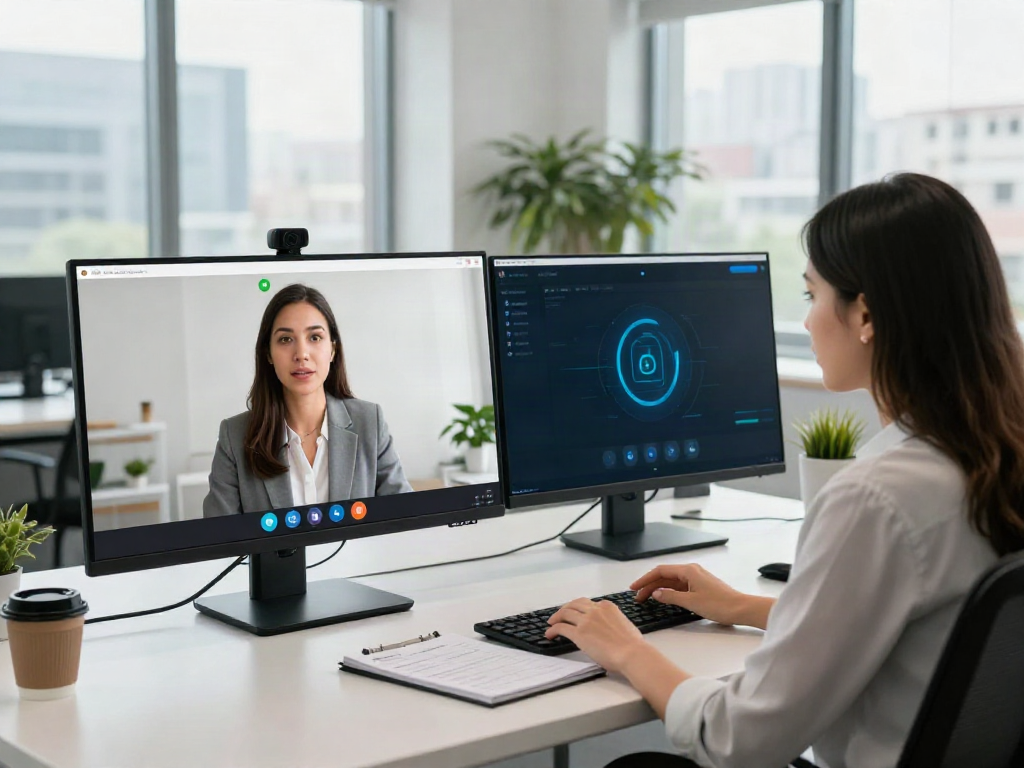Secure Deepfake protected Online Video Calls, Meetings and Conferencing setup in a professional office.