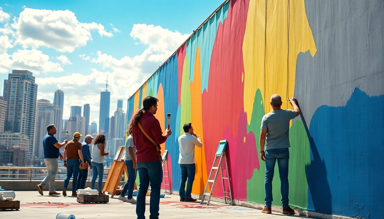 Artists performing commercial painting on a colorful urban wall in a lively city setting.