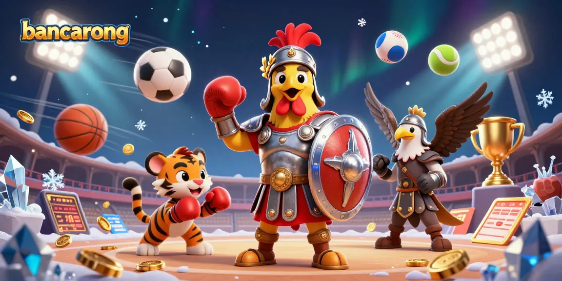 Bancarong showcases an exciting scene with a gladiator rooster and sports balls in vibrant casino art.