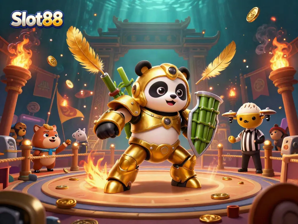 Experience the excitement of Slot88 with a vibrant 3D illustration featuring a golden mech panda in a lively casino arena.