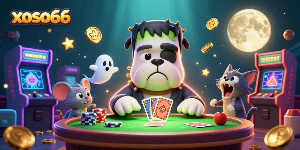 Join the fun at xoso66 as a bulldog dealer shuffles cards at a lively casino scene.