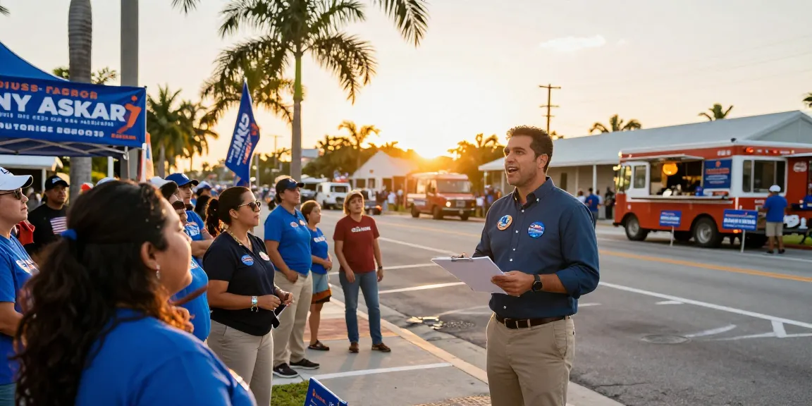 Casey Askar engaging with voters at a Florida campaign event during sunset, showcasing community connection and activism.