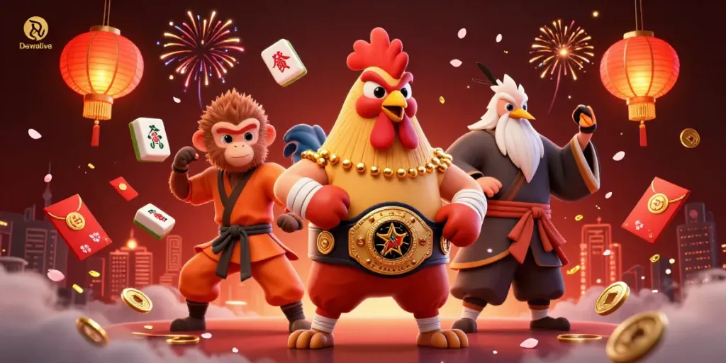 Dewalive features vibrant characters enjoying a lively gambling experience with mahjong tiles and festive elements.
