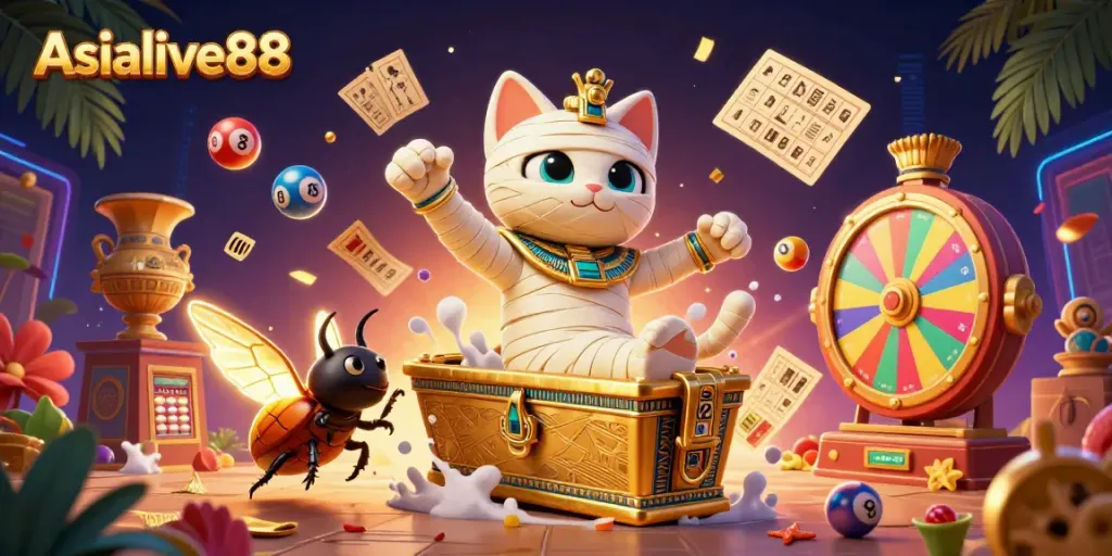Experience Asialive88 with a 3D mummy cat and glowing beetle in a vibrant casino scene filled with lottery excitement.