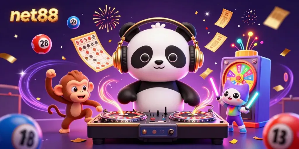 Experience the vibrant energy of net88 with a DJ panda, breakdancing monkey, and rave kitten in a lively casino scene.