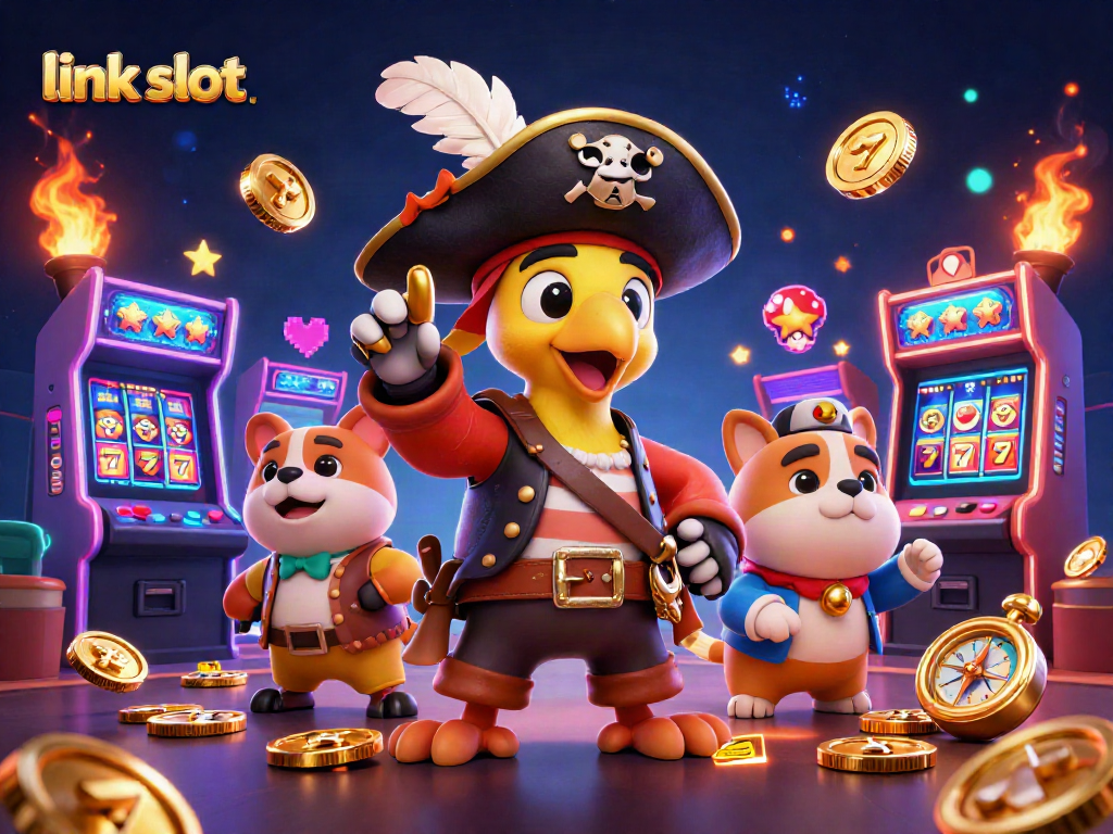 Engage with link slot game mechanics featuring a colorful pirate-themed 3D illustration.