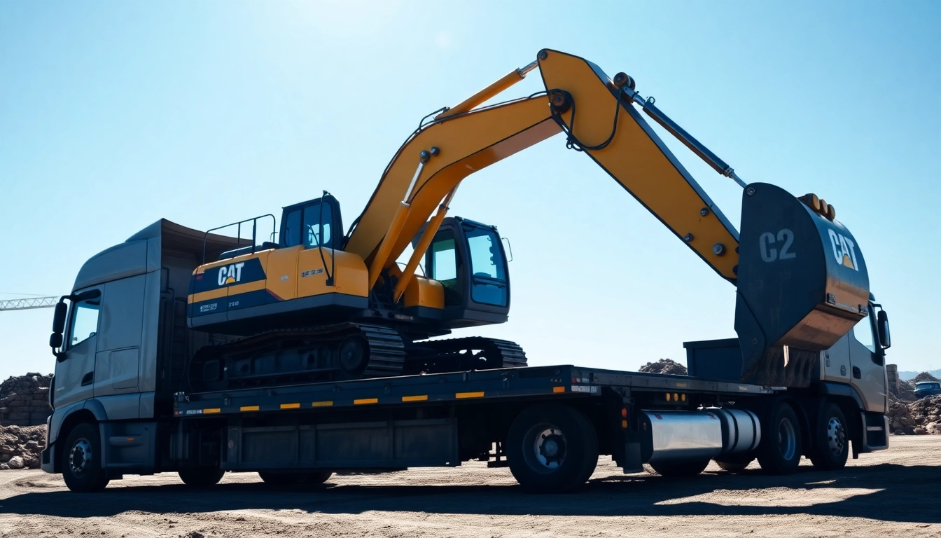 Capture of efficient equipment transportation truck loading an excavator on-site.