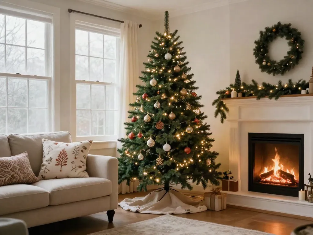 Beautifully decorated skinny Christmas tree in a cozy living room setting, surrounded by festive decor.