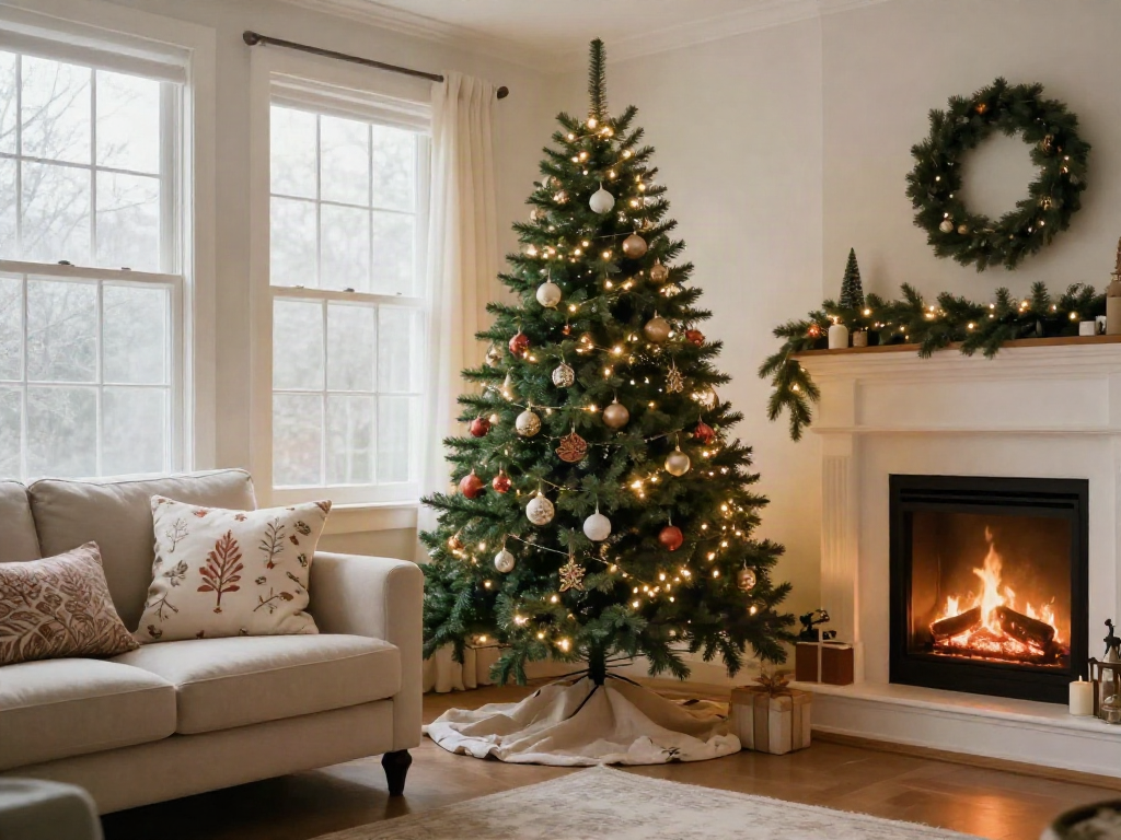 Beautifully decorated skinny Christmas tree in a cozy living room setting, surrounded by festive decor.