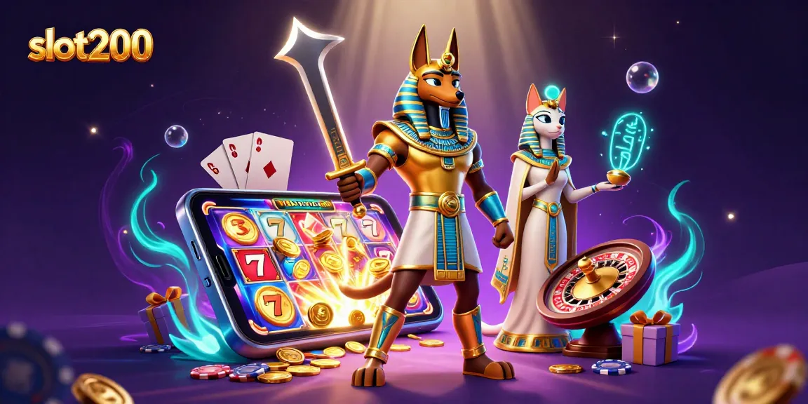 Experience slot200's exciting slot game features with Anubis and Bastet surrounded by dynamic casino elements.