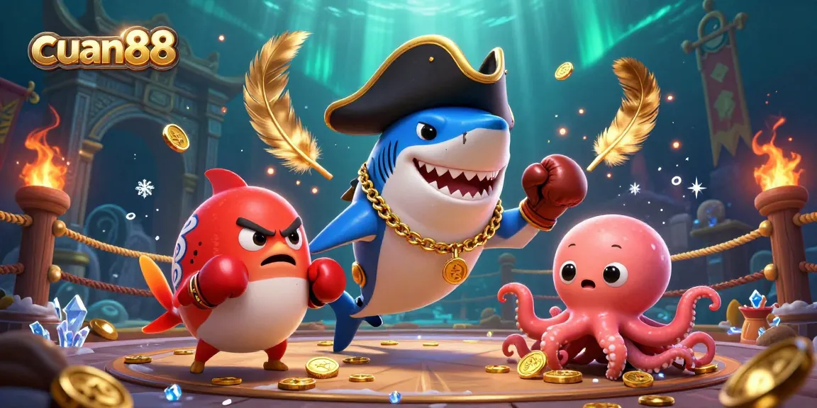 Engage with cuan88 through an adventurous scene featuring a pirate shark, pufferfish, and octopus in dynamic casino action.