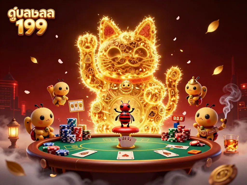 Experience the thrill of ดูบอลสด 199 with a vibrant 3D scene showcasing a lucky cat and gaming elements.