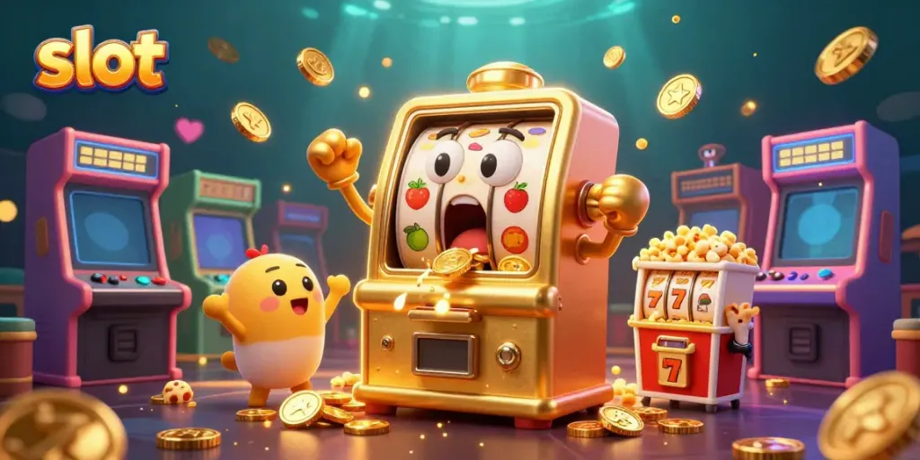 Slot yang mengejutkan dengan koin berjatuhan dan mesin slot kecil bersorak di sekitarnya