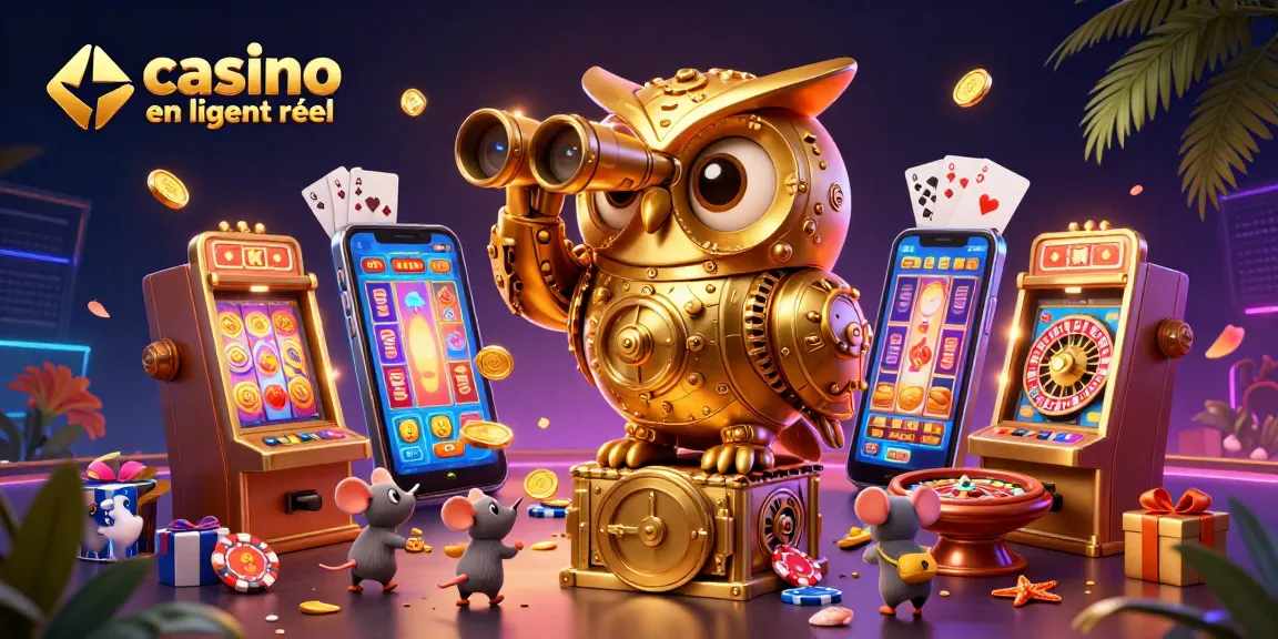 Illustration dynamique avec une chouette en or observant un casino, mettant en avant casino en ligne argent réel