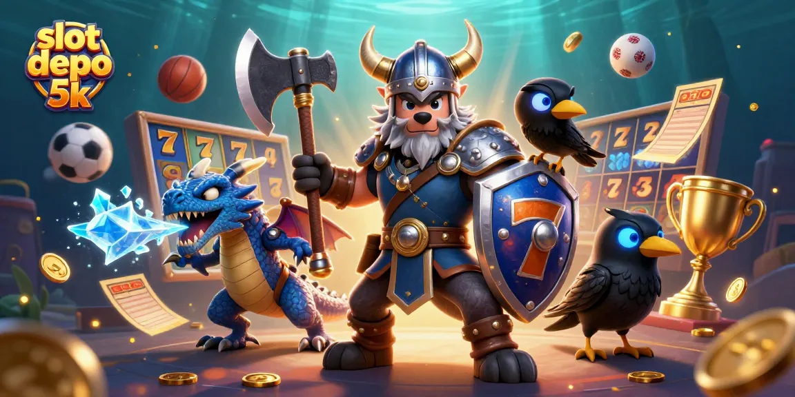 Permainan slot depo 5k dengan ilustrasi karakter Viking 3D dan elemen kasino.