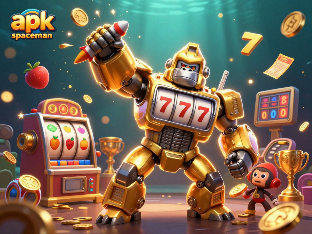 Experience thrilling wins with apk spaceman, featuring a dynamic scene of a slot machine gorilla mech and casino elements.