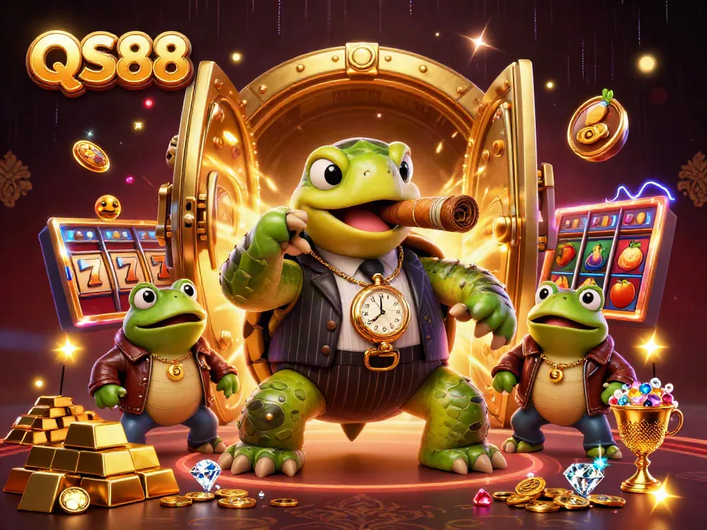 Experience the excitement of QS88 with a casino-themed digital illustration featuring dynamic characters and vibrant game elements.