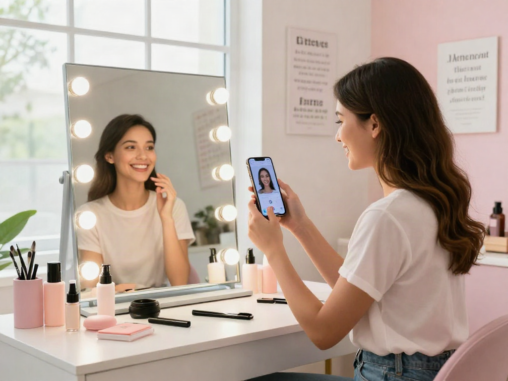 Young woman using an app to test attractiveness and evaluate her beauty score in a stylish studio.