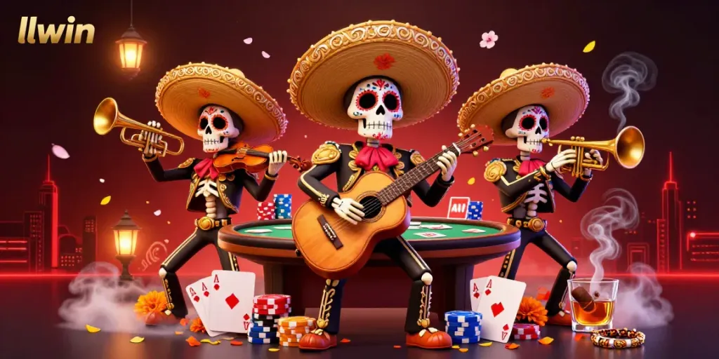 Experience exciting gaming action with llwin and a vibrant mariachi band amid poker elements.