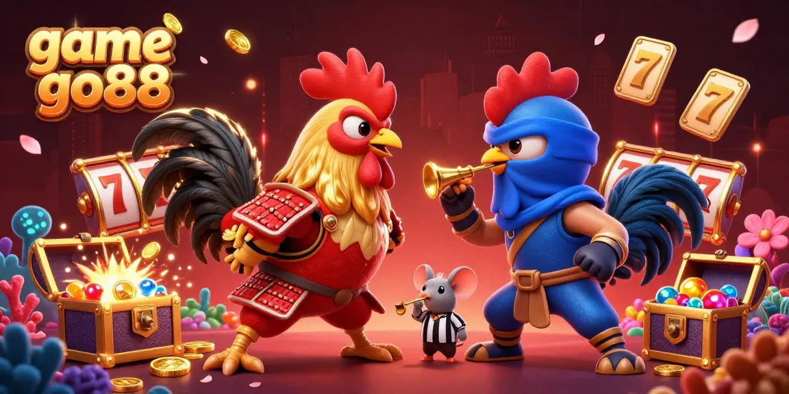 Engage with the exciting world of game go88, featuring epic roosters in combat amidst vibrant casino elements.