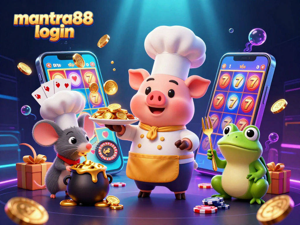 Experience rich gaming with mantra88 login as vibrant characters serve golden rewards in a dynamic setting.