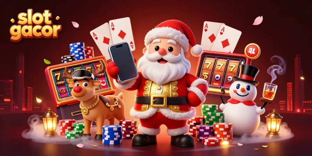 Engage with slot gacor through this vibrant 3D scene showcasing festive characters and a casino theme.