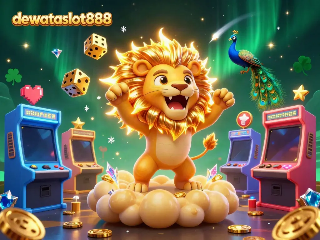 Permainan slot dewataslot888 dengan terang 3D kartun yang menggambarkan singa matahari dengan latar belakang aurora yang memukau.
