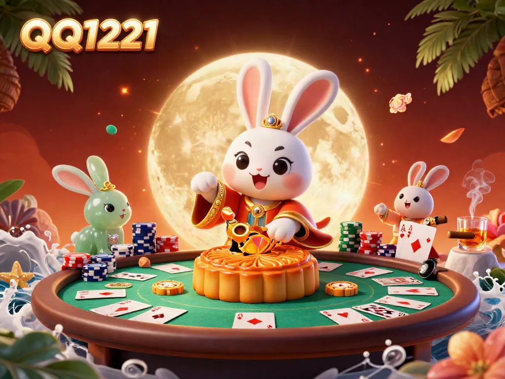 Join the QQ1221 adventure with a moon rabbit and jade rabbit in a vibrant 3D casino scene.