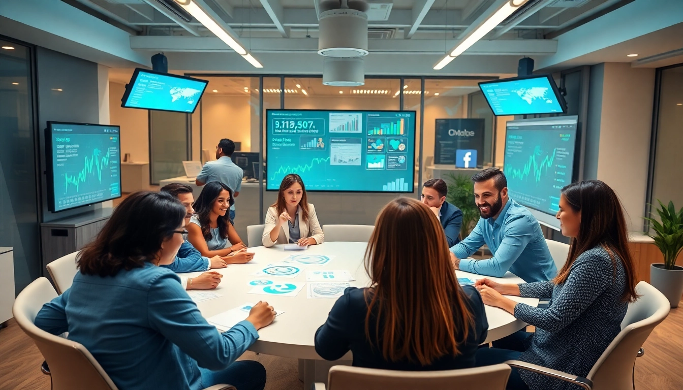 Engaged team at a social media agency collaborating with digital analytics on-screen.