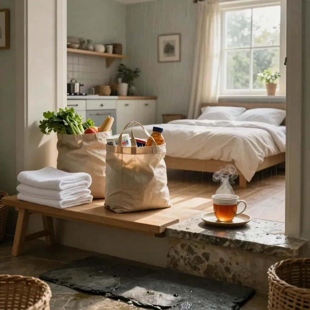 Rain-fresh mudroom-to-kitchen setup with towels, groceries, parcel, tea, and a guest bed.