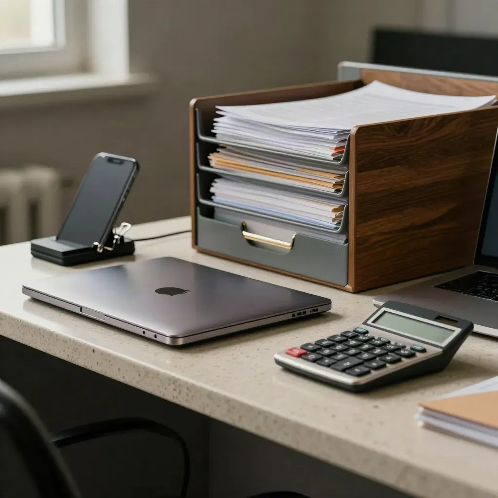 Closed laptop, archive trays, phone dock, cable clips and calculator on a travertine office surface.