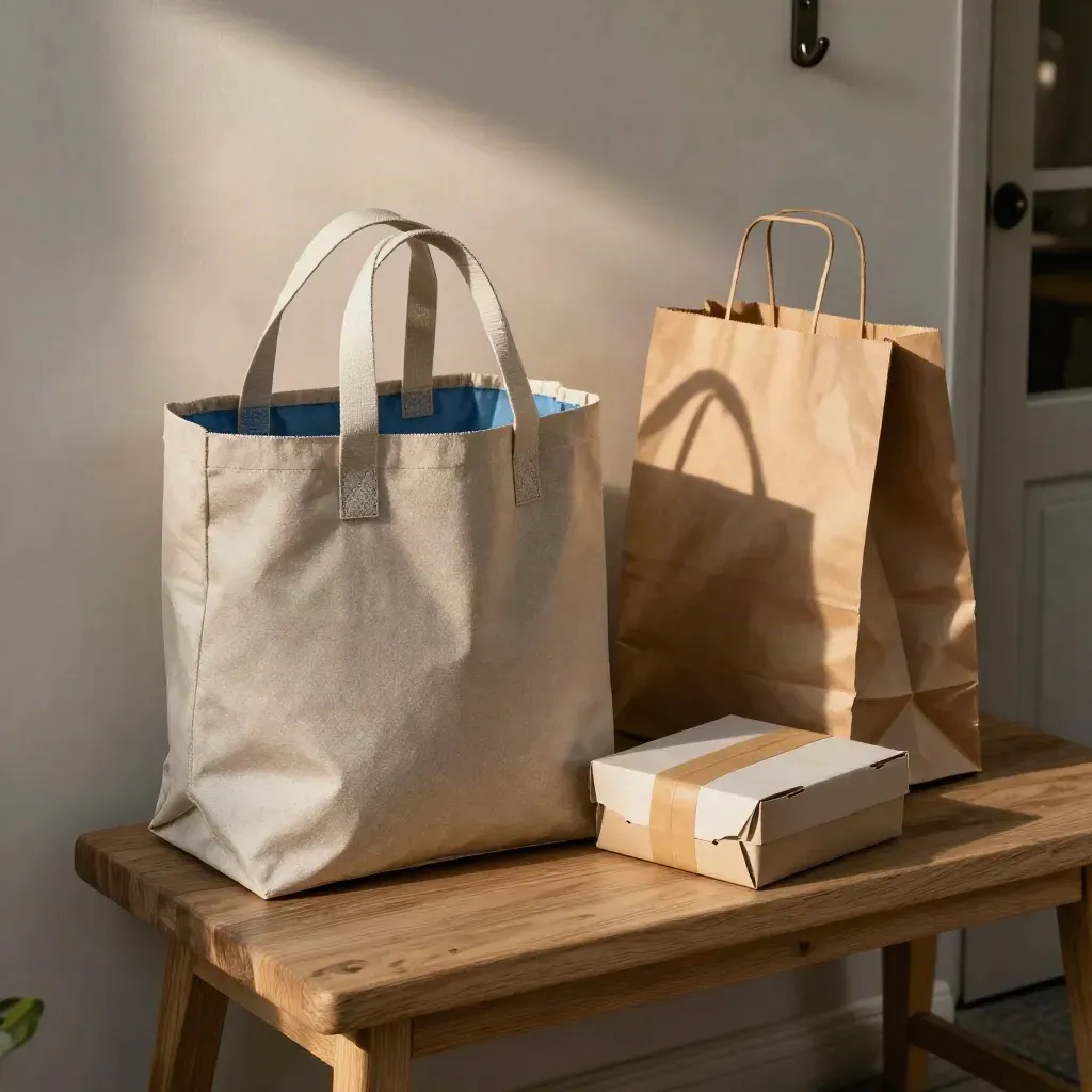 Errand bags and parcels settling on a home entry bench in soft afternoon light.