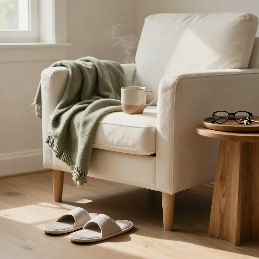Warm companion-care corner with tea mug, glasses, throw blanket, slippers and keys by a bright armchair.