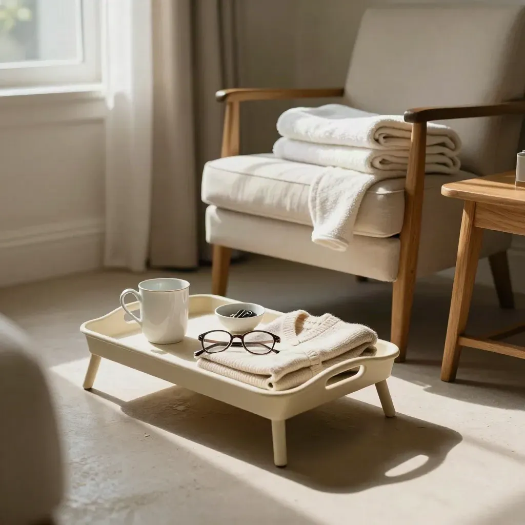 Empty senior-care living room corner with tea tray, cardigan, glasses, keys and folded blanket in warm sunlight.