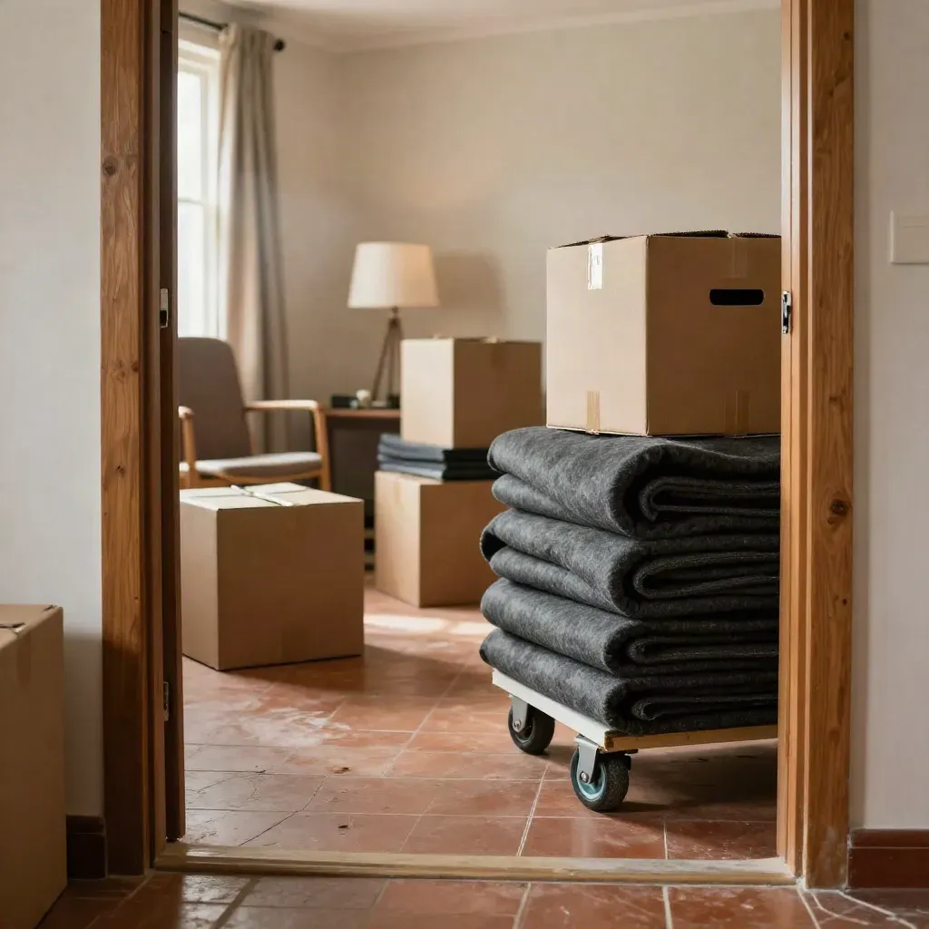 Moving boxes, blankets, and dolly wheel in a half-set-up room from the threshold.