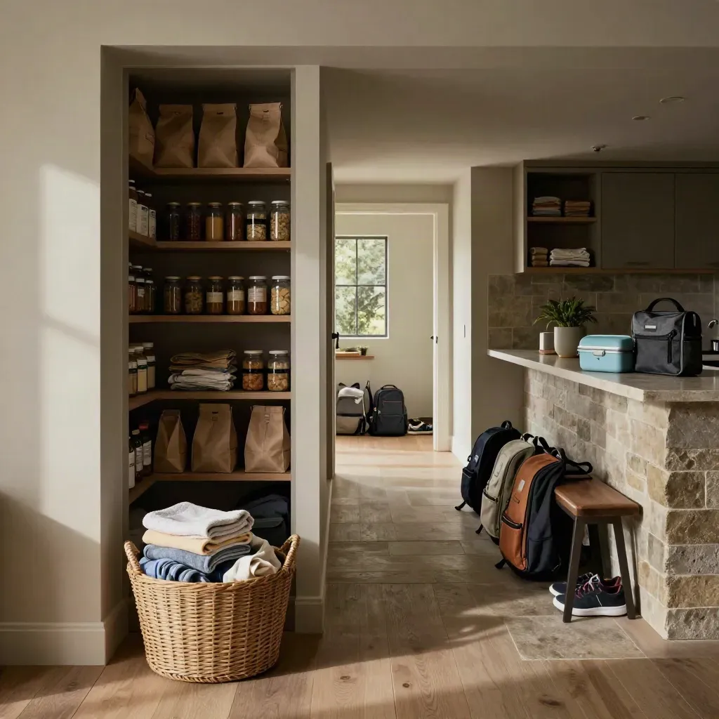 Folded laundry, pantry groceries, school bags, and lunchboxes in a calm family kitchen.