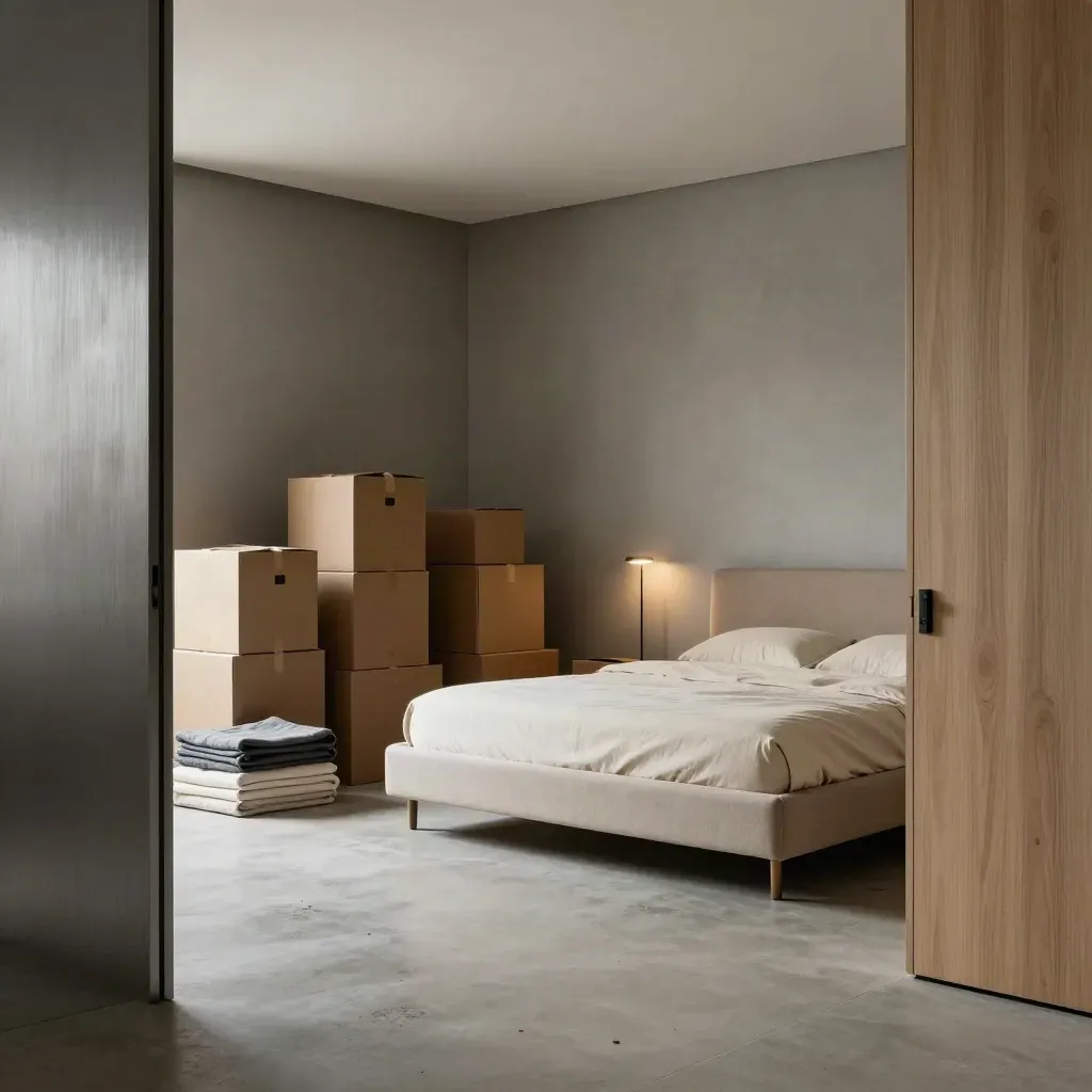 Finished move-in bedroom with bed, boxes, lamp, and folded blankets, seen from the doorway.