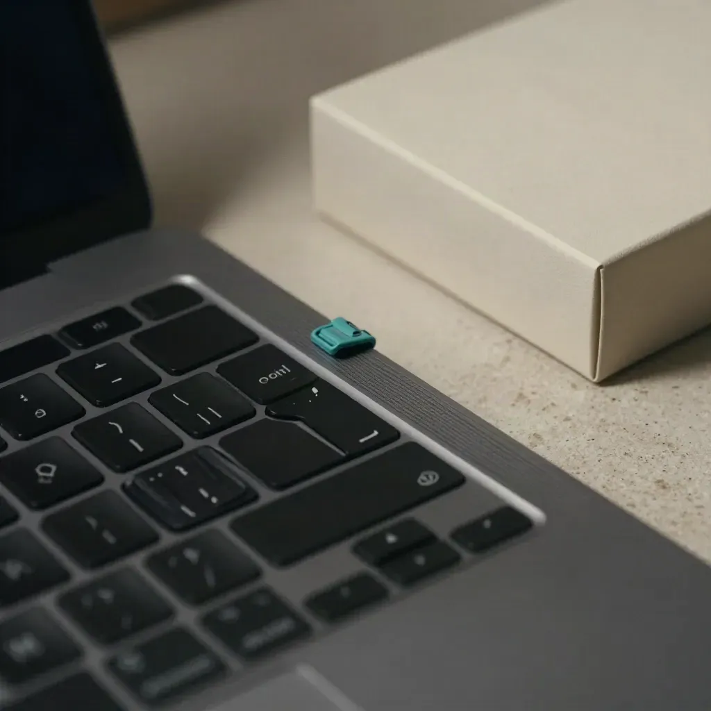 Closed laptop edge, keyboard, cable clips, and index box on a pale stone desk with a teal accent.