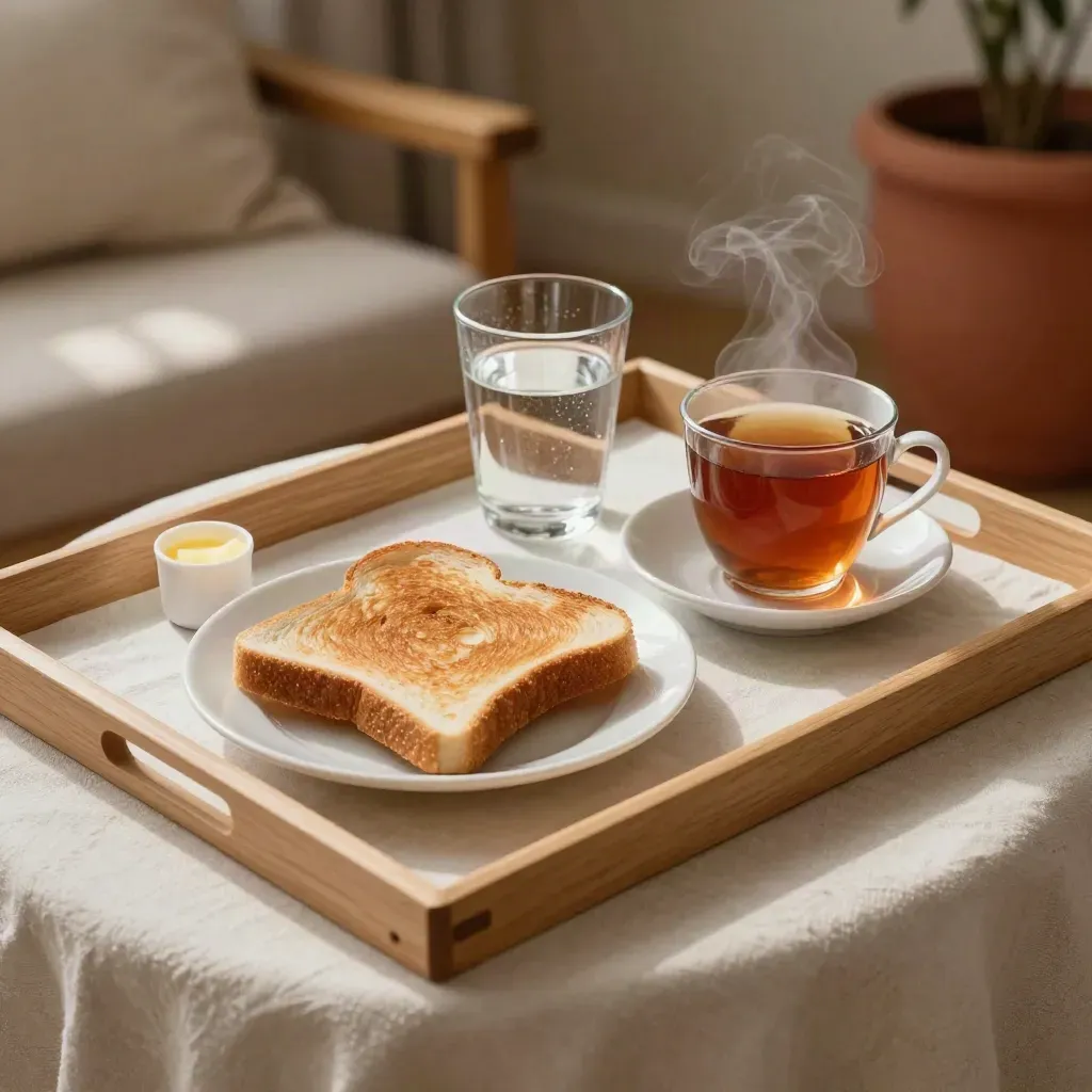 Steam rises from a senior-care breakfast tray with toast, tea, water, and medicine cup.