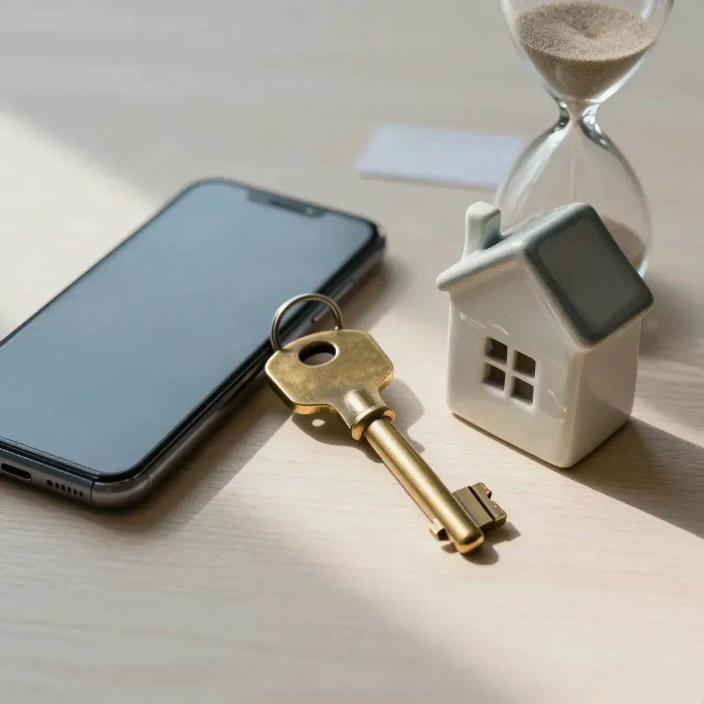 Face-down phone, brass key, house token and hourglass on pale wood