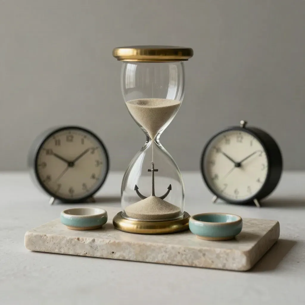Hourglass, two clocks, and ceramic time tokens on a stone tray