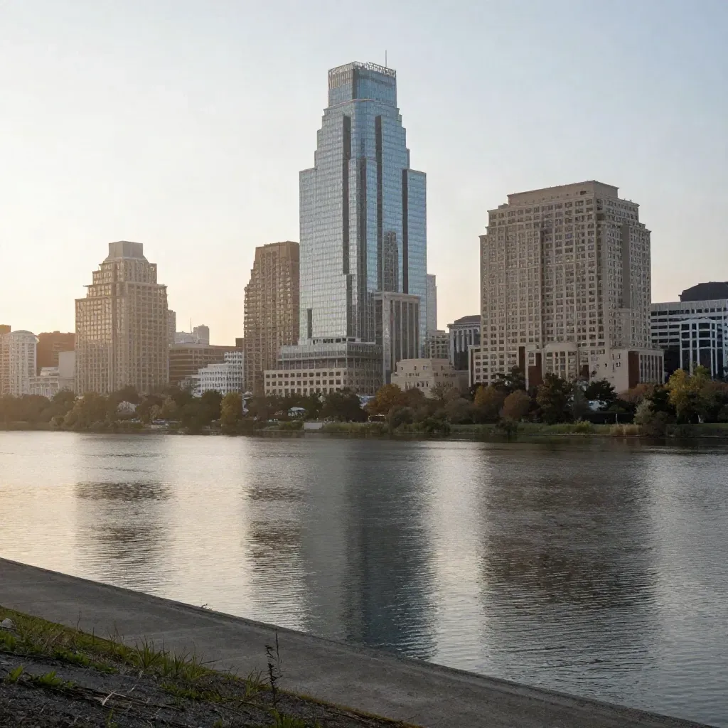 Austin skyline over Lady Bird Lake at sunrise, calm reflective water below and haze above.